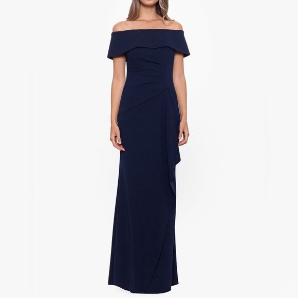 Xscape “Lindsay” Long Scuba Crepe Off the Shoulder Dress Navy Women’s Sz 16 - Picture 1 of 7